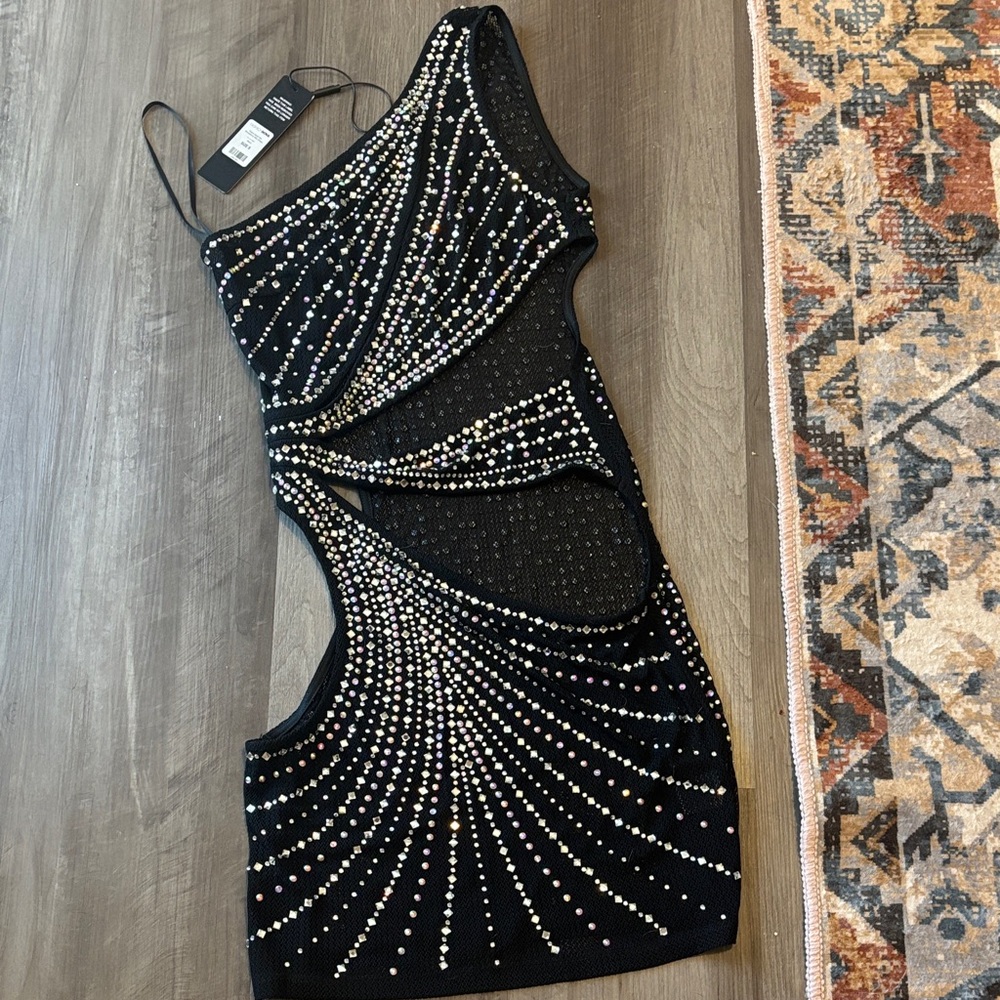 Fashion Nova Elegant Black and Silver Embellished mesh Dress
